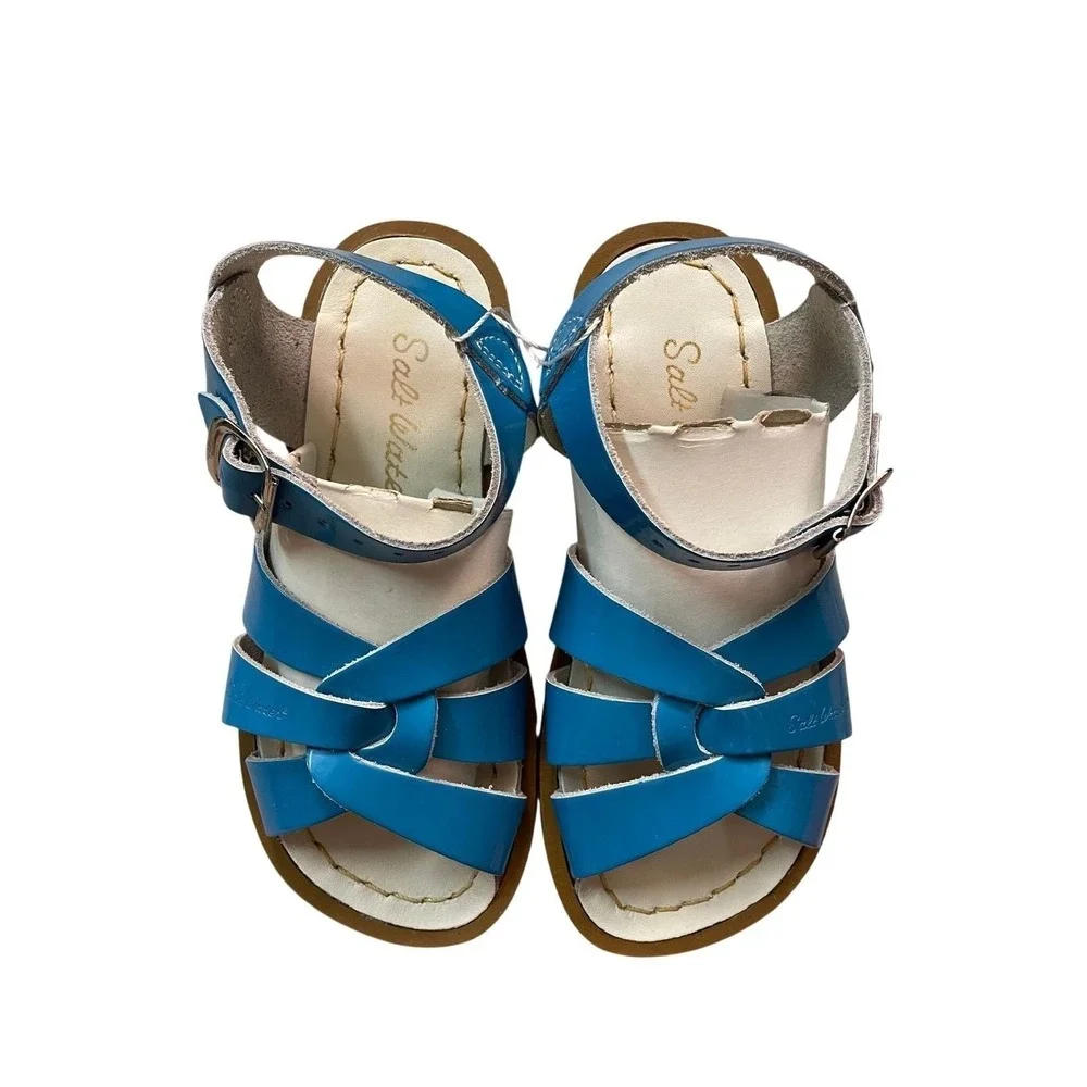 NWOT Salt Water Sandals Original Blue Patent Strappy Kids 10 Coastal Nautical